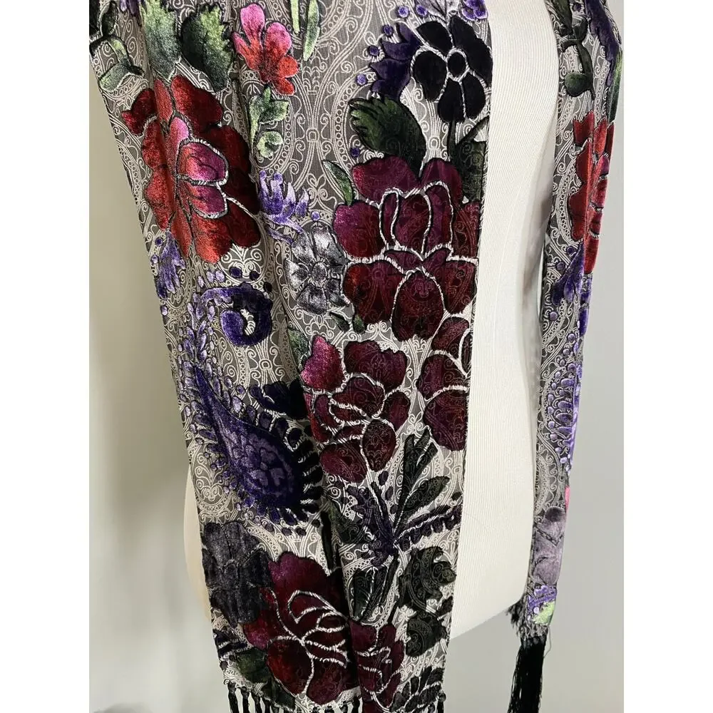 Floral Paisley Burnout Velvet Scarf Fringe Burgundy Purple Black 62”